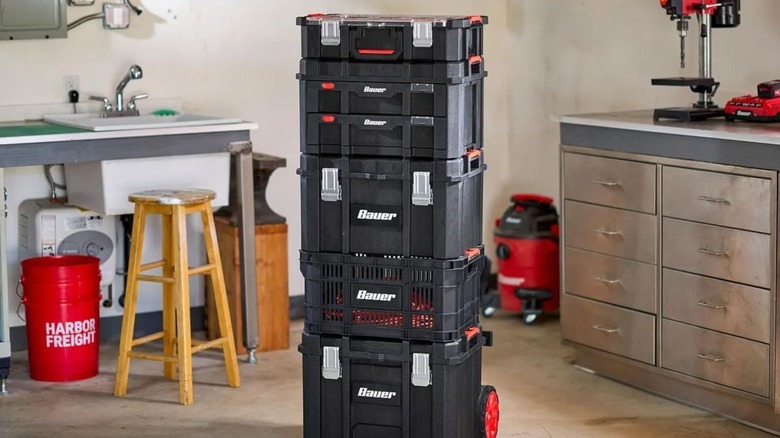 Bauer storage totes stacked on one another