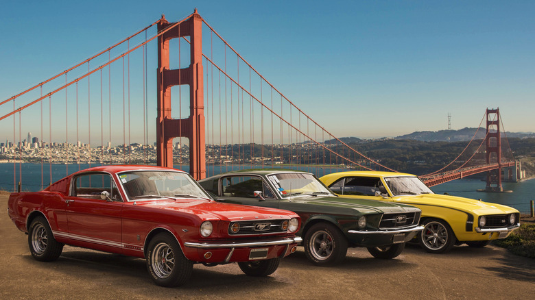 Muscle cars in front of Golden Gate Bridge