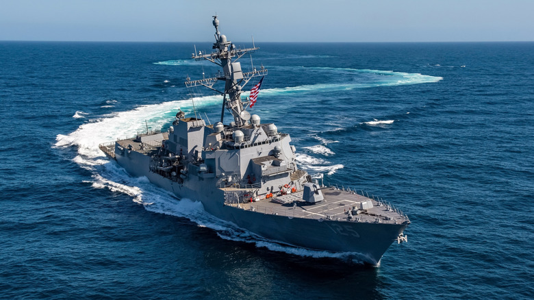 Arleigh Burke-class USS Jack H. Lucas (DDG 125) seen from starboard bow view on sea trial maneuvers