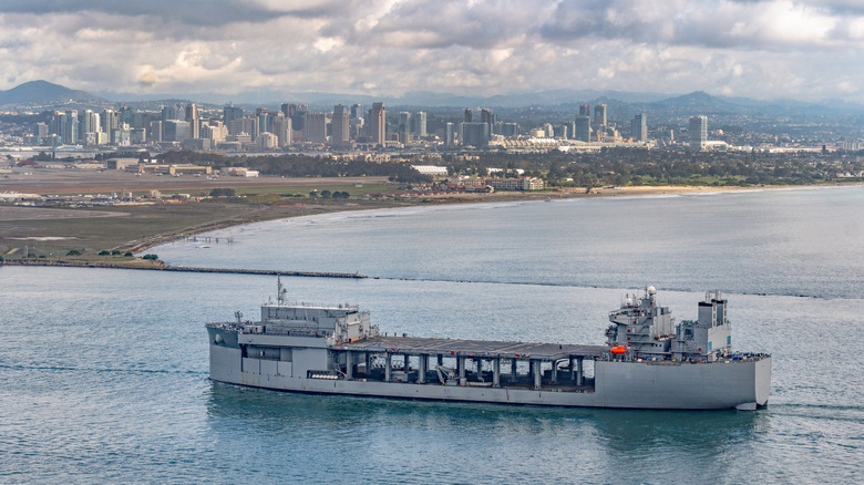 USS John L. Canley (ESB-6) enters San Diego Harbor seen from high port side