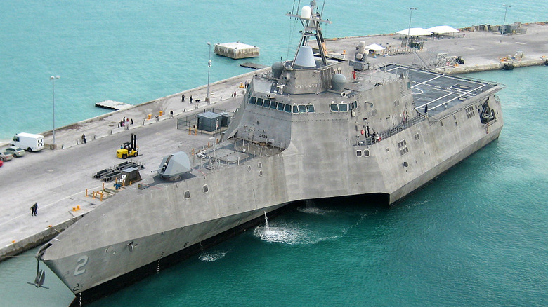 USS Independence (LCS-2) seen from high port side docked at Naval Air Station Key West, FL