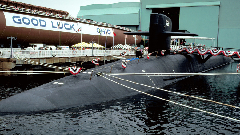 USS Ohio (SSBN-726, since converted to SSGN) seen from port bow during its commissioning ceremony