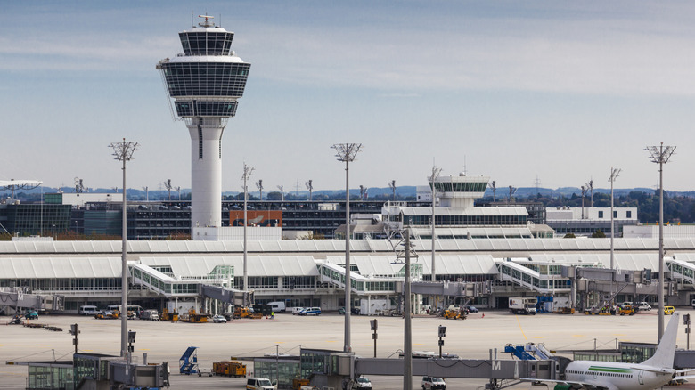 Air control tower over airport
