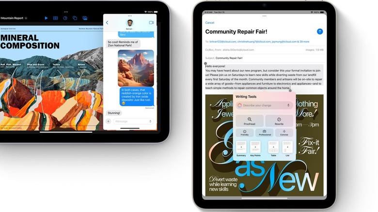Two iPads next to each other, displaying images of mountains and text.