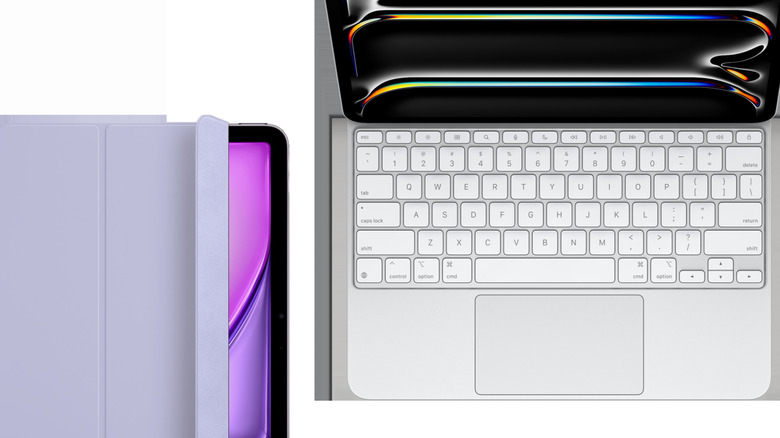 An iPad covered with a cover and one with a keyboard.