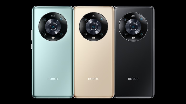 Honor Magic 4 Pro smartphones, Cyan, Gold, and Black