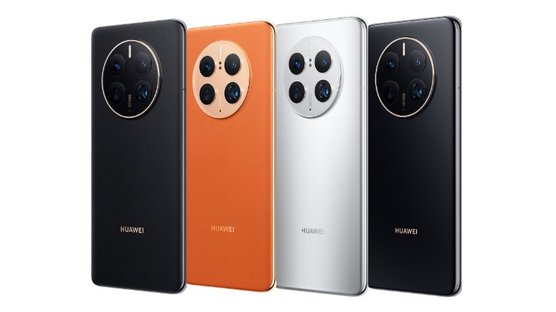 Huawei Mate 50 Pro in black, orange, and white