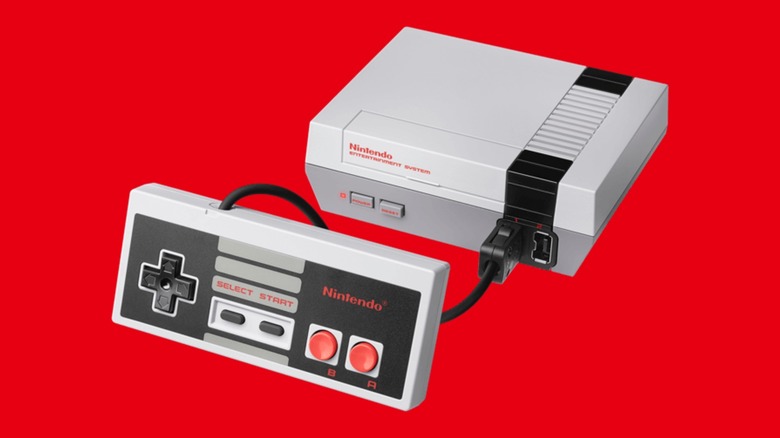 The NES Classic console on a red background.