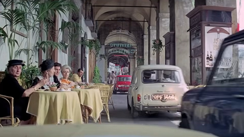 A still from the 1969 film, "The Italian Job" showing the three Austin Mini Cooper S cars making their getaway.