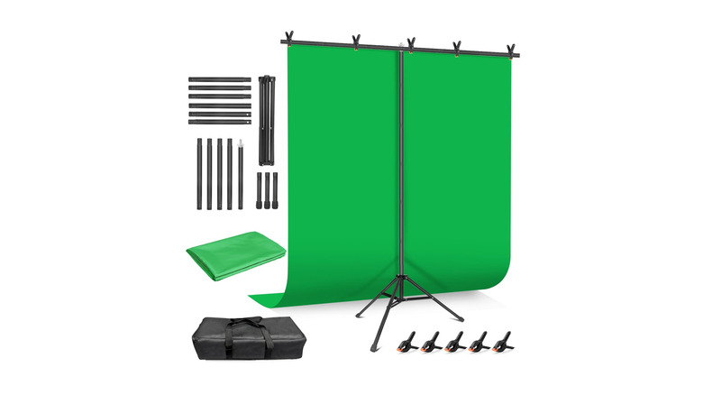 A green screen kit over a white background