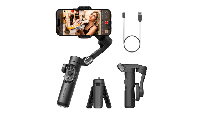 A smartphone gyro tripod kit over a white background