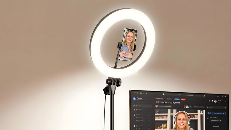 A ring light with a smartphone recording a person