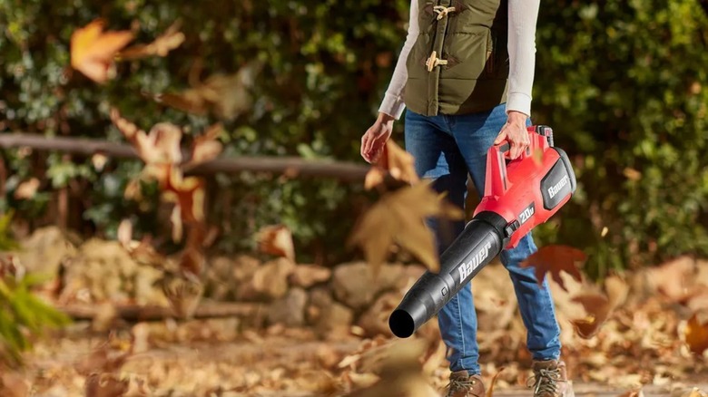 blowing away leaves with Bauer jet fan blower