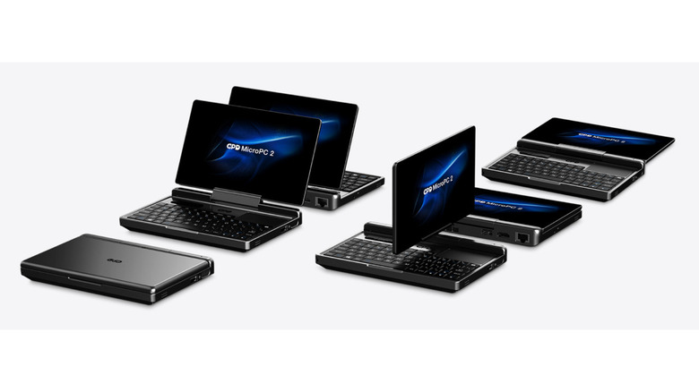 GPD MicroPC 2 laptop open in multiple positions