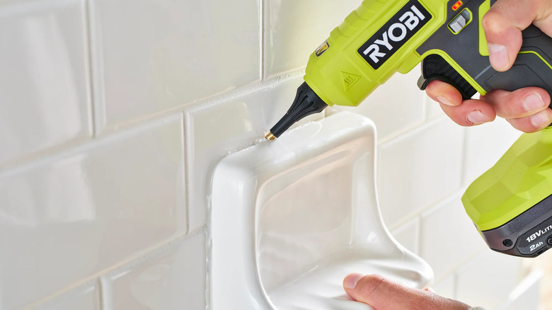 Using a Ryobi ONE+ 18V Glue Gun to attach a soap dish