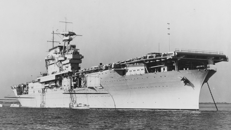Black & white photo of USS Yorktown anchored