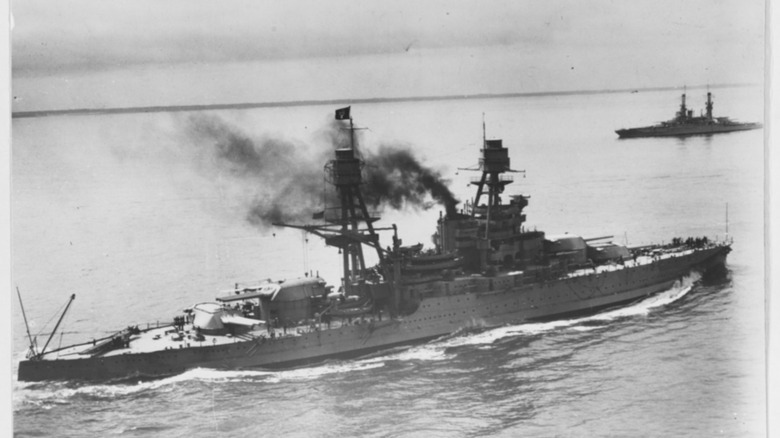 Black & white photo of USS Arizona sailing in open waters.