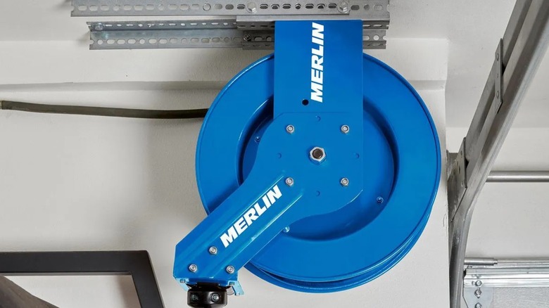 Merlin air hose reel on garage ceiling