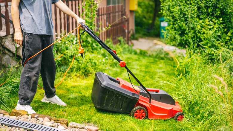 Landscaper mowing with a corded lawn mower