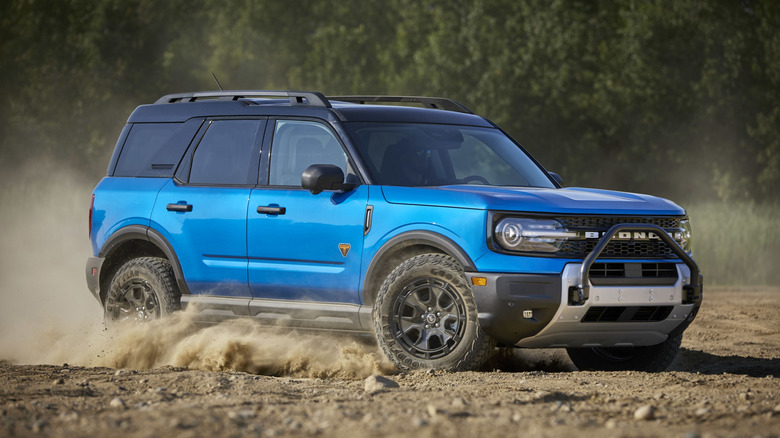 2025 Ford Bronco Sport on dirt terrain front 3/4 to side view