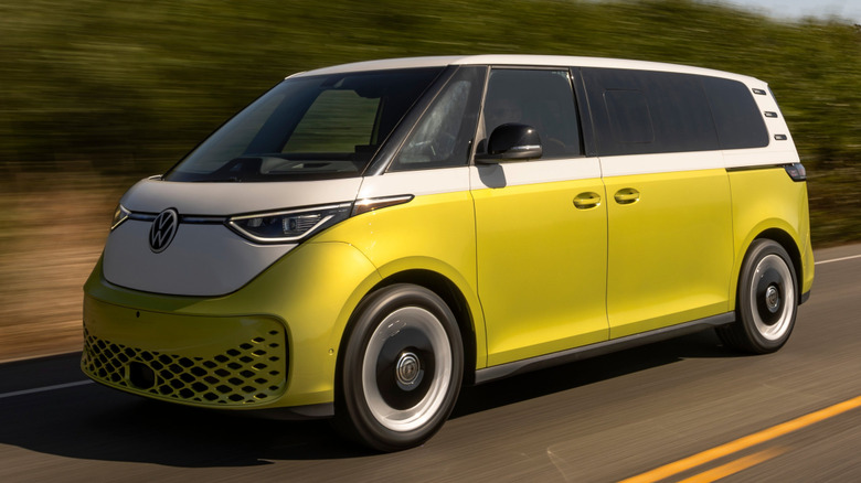 VW ID.Buzz in Pomelo Yellow and Candy White on the road