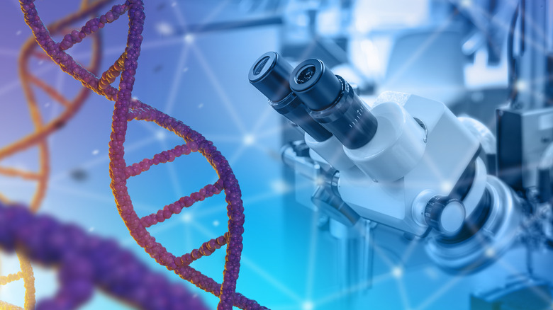 View of DNA with a microscope in the background