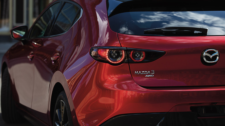 Closeup of the badge on a Mazda 3 Turbo AWD