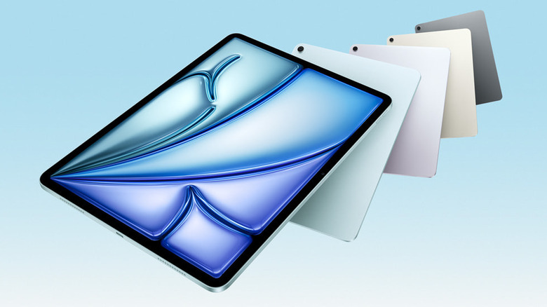A series of iPad Airs fanned out over a light blue gradient