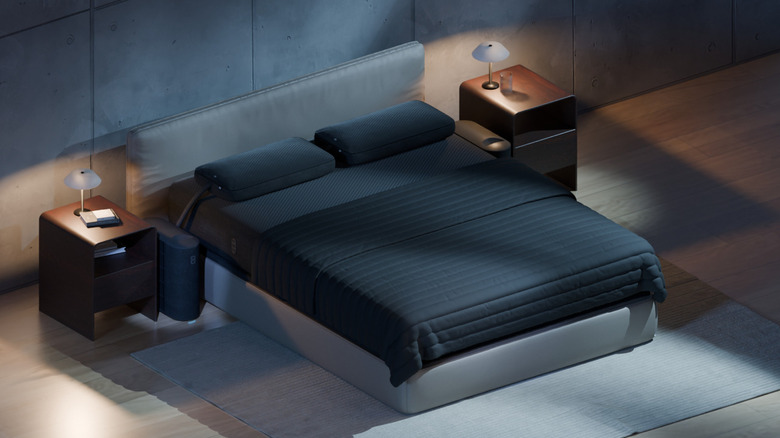 A digital illustration of a bed with the Eight Sleep cover and pod installed.