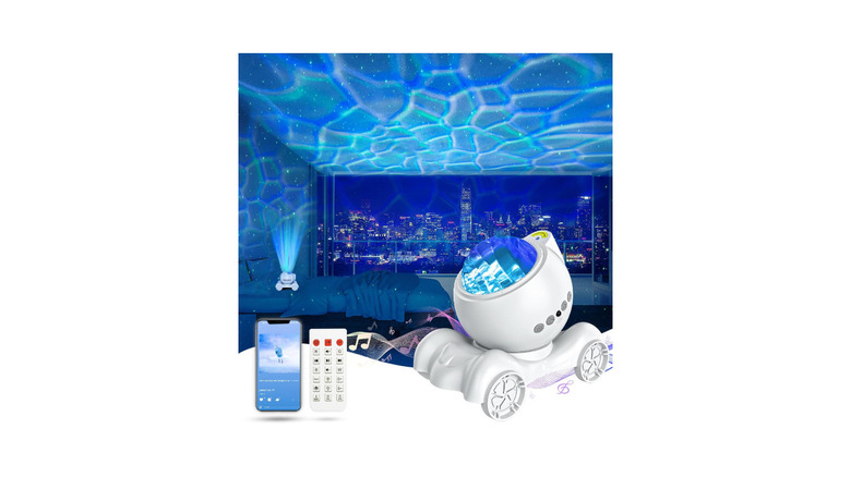 An Enokik star projector bathing a room in blue light.