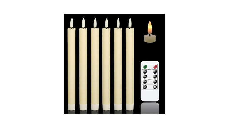 A set of Genswin flameless candles with remote on a black and white background.