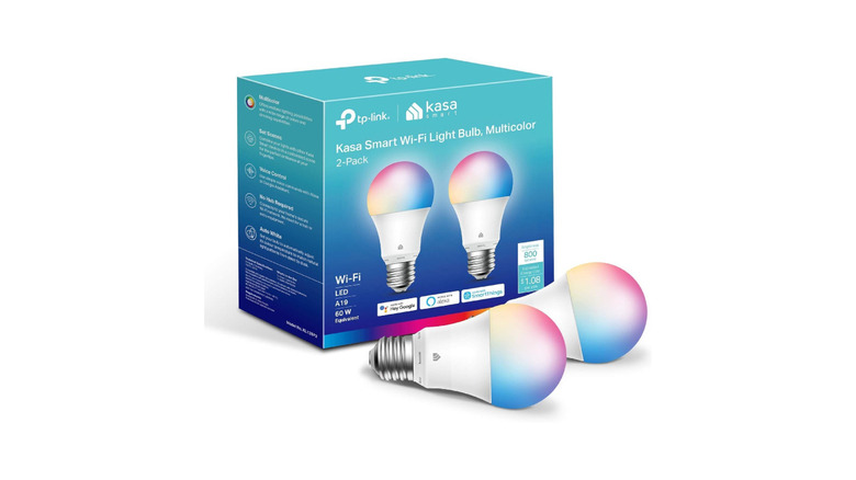 A pair of Kasa smart bulbs next to their packaging against a white background.