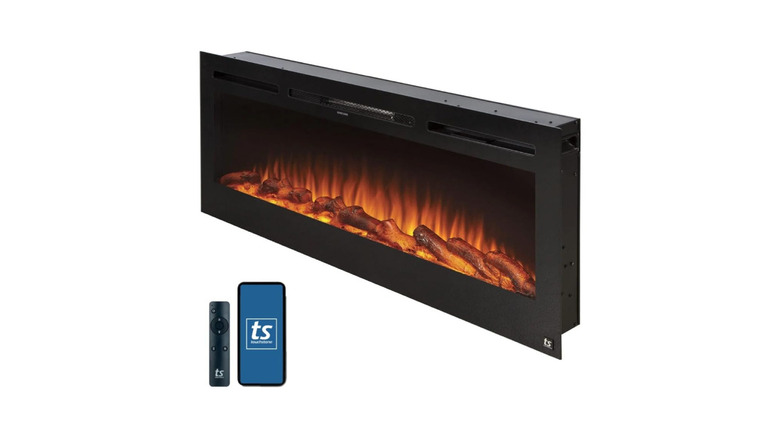 A lit Touchstone electric fireplace against a white background.
