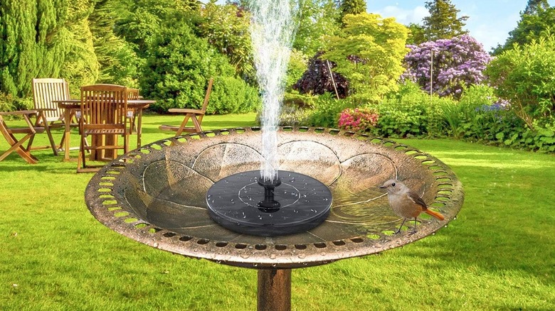 Mademax 1W Solar Bird baths shooting out water and birds.