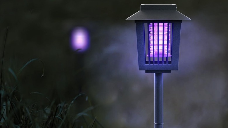 Pure Garden Solar Light and Insect Zapper at night in the grass.