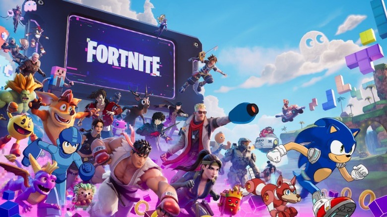 Promotional image showing a range of videogame characters in Fortnite