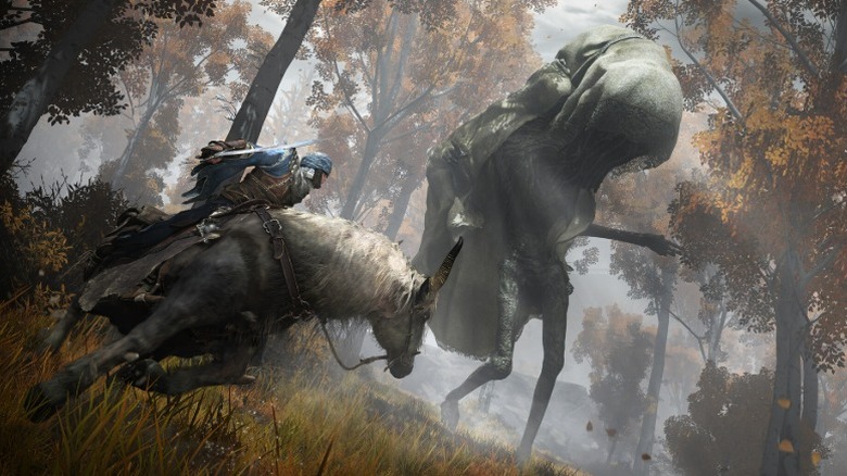 Screenshot from "Elden Ring" showing player on a horse fighting an enemy in a forest