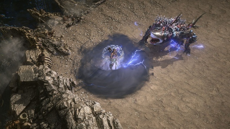 Screenshot from "Path of Exile 2" showing a player in combat with a large monster