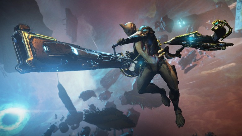 Screenshot from "Warframe" showing a Warframe floating in space holding a large weapon