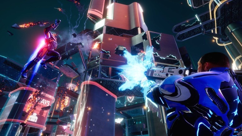 Screenshot from "Crackdown 3" showing a character firing at an airborne enemy