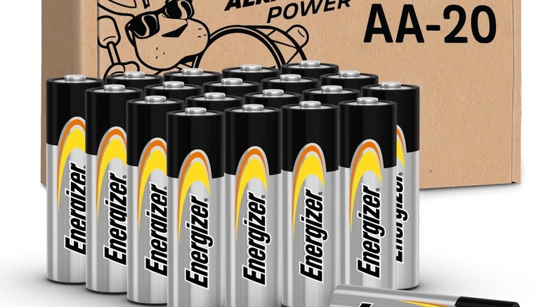 Twenty Energizer Alkaline Power AA batteries are shown with their retail box behind them.