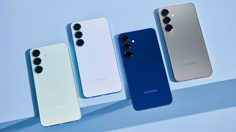 A bunch of phones on a blue background.