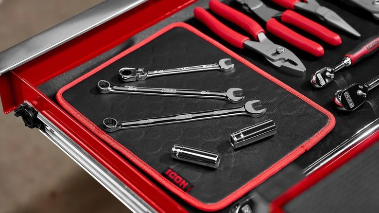 Icon magnetic mat in tool box drawer