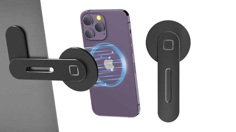 An iPhone with a laptop phone holder
