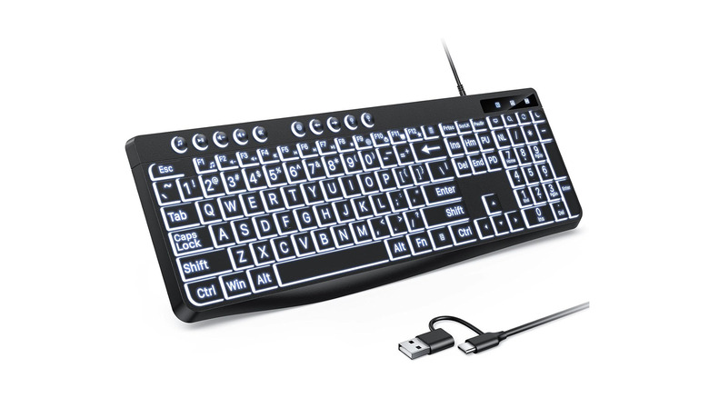 Backlit wired keyboard with USB-C and USB-A adapter over a white background