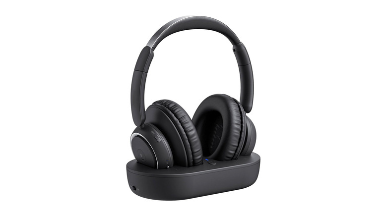 A pair of TV headphones over a white background