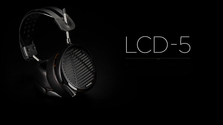 An Audeze LCD-5 headphone on a black background