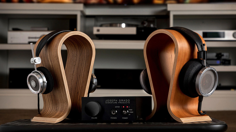 Two headphones on headphone stands