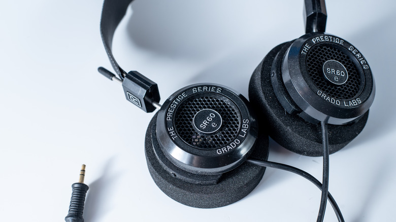 A pair of Grado headphones on a white table