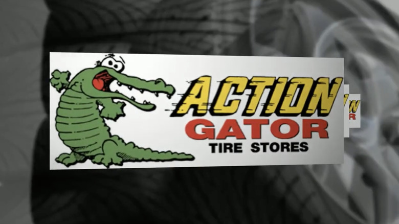 The former Action Gator tire logo juxtaposed against a digital image of tires in the background stacked on each other.
